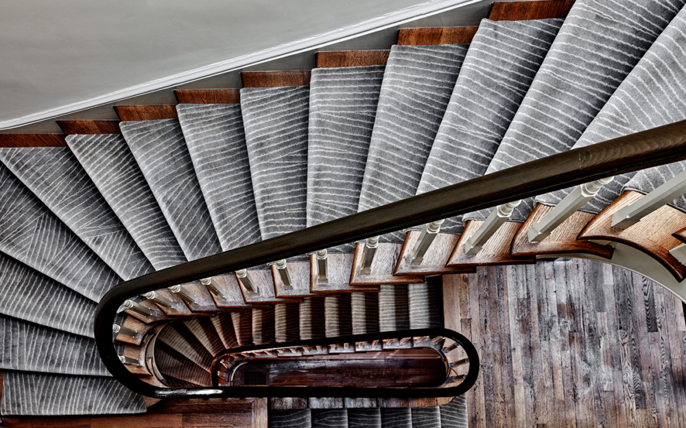 historic renovation, custom carpets, texture, mix of styles, furniture, fireplace, beautiful interior design CUSTOM STAIR RUNNER